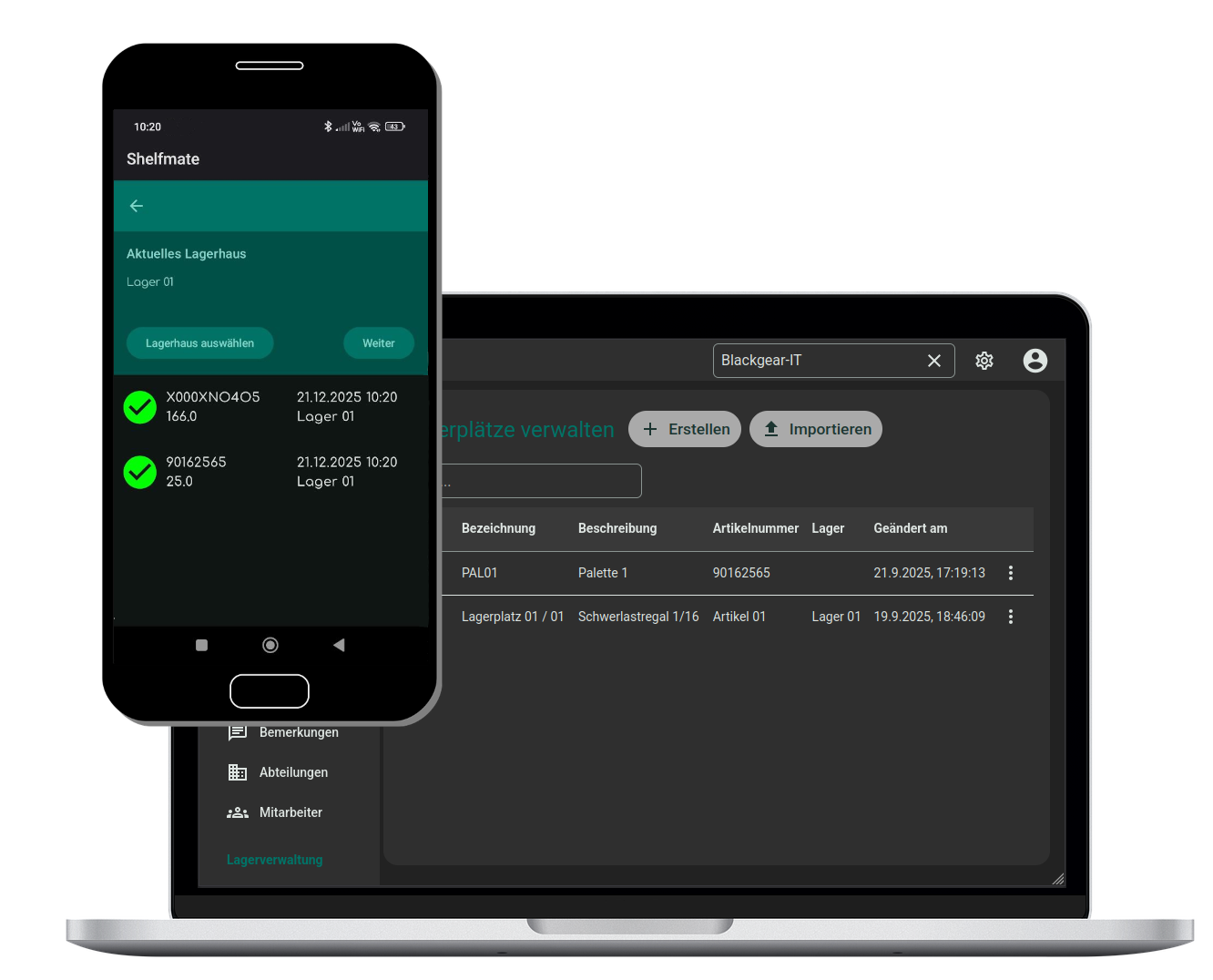 A smartphone showing a screen of ShelfMate Stocktaking and a laptop in the background with a screen of ShelfMate's storage location management.
